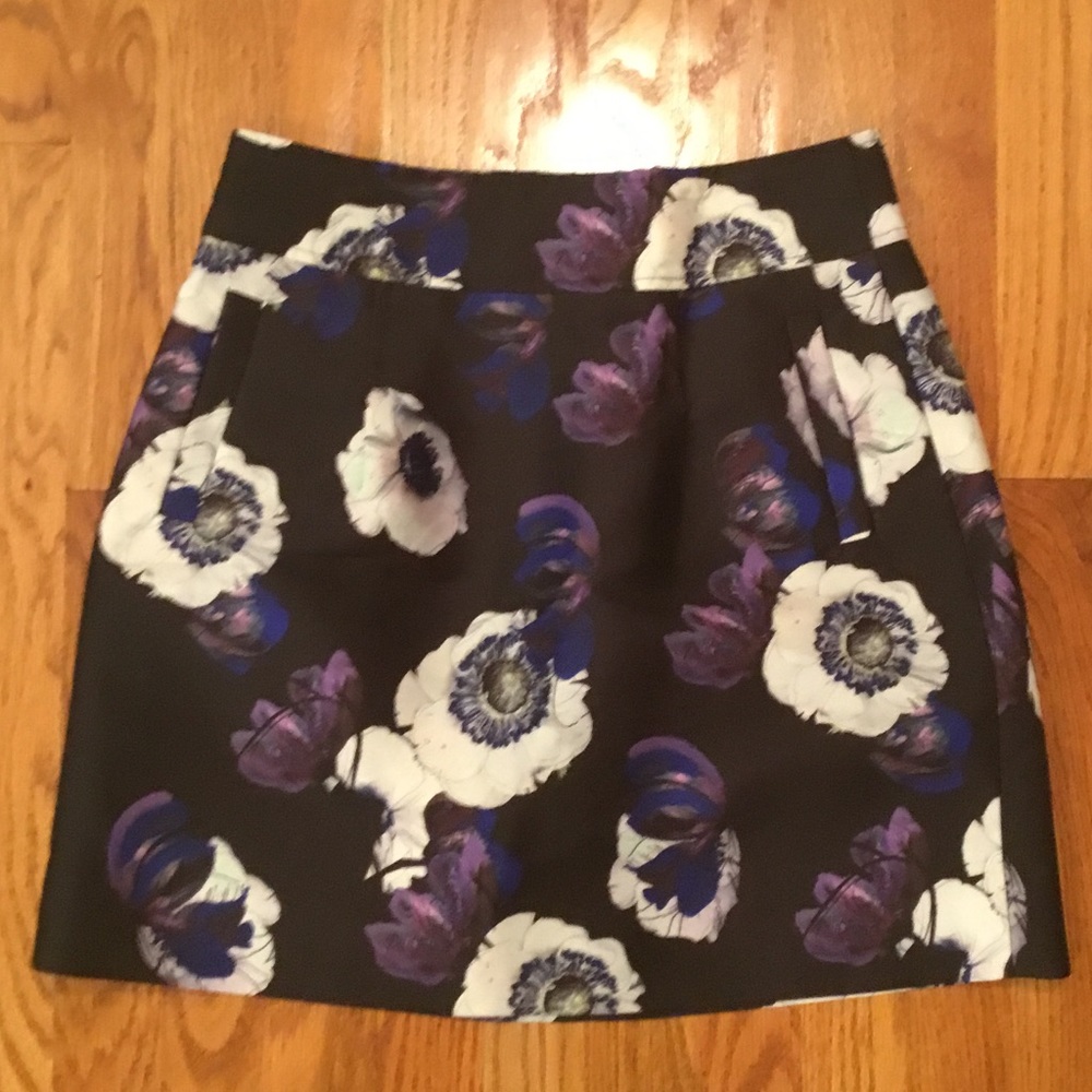 J. Crew black skirt with blue/purple floral design